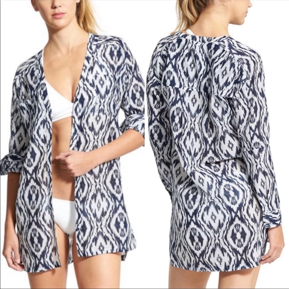 Athleta Ikat Button Down Kaftan Tunic  Swim Cover Up Shirt